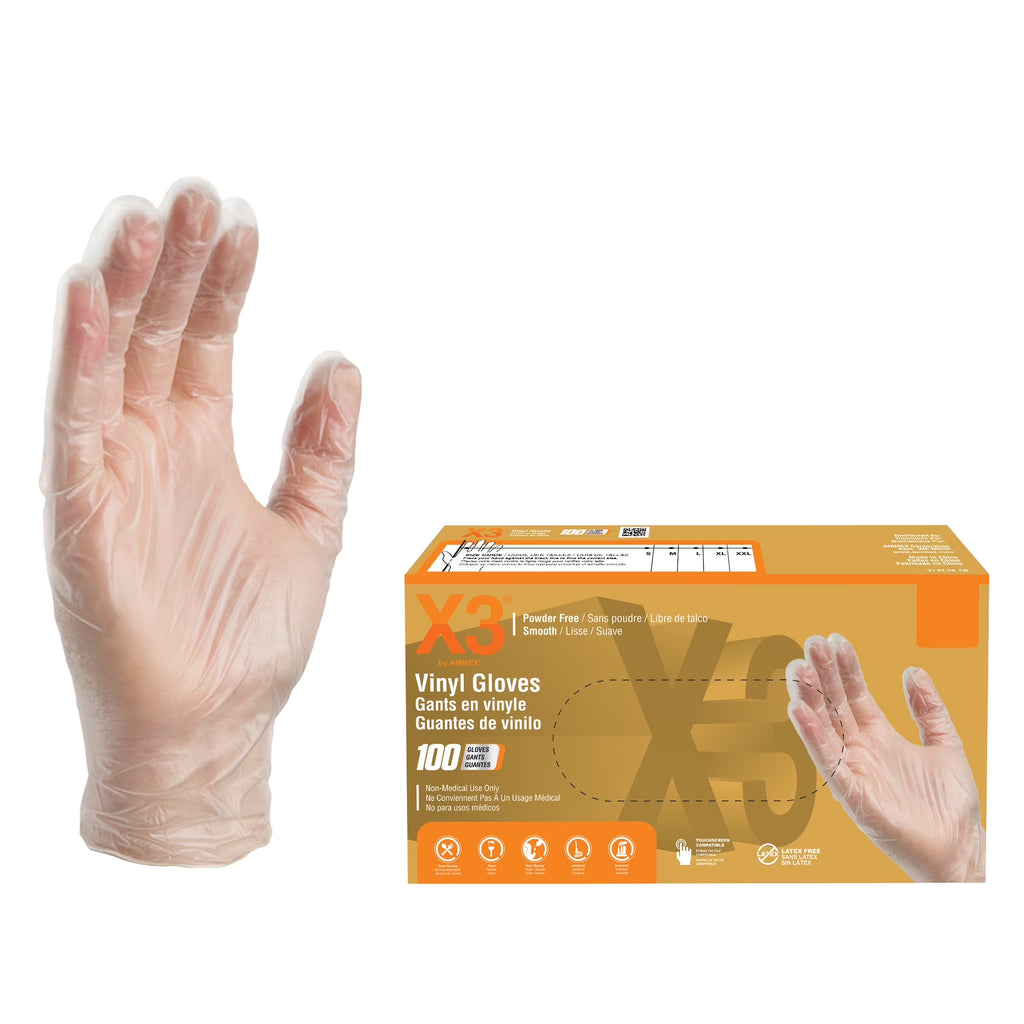 X3 Clear Vinyl Disposable Gloves, 3 Mil, Food-Safe, Non-Latex, Small, 100/Box